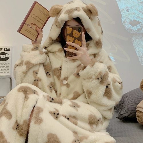 Коралловый бархатный демисезонный длинный банный халат, фланелевая мультяшная утепленная пижама, с медвежатами