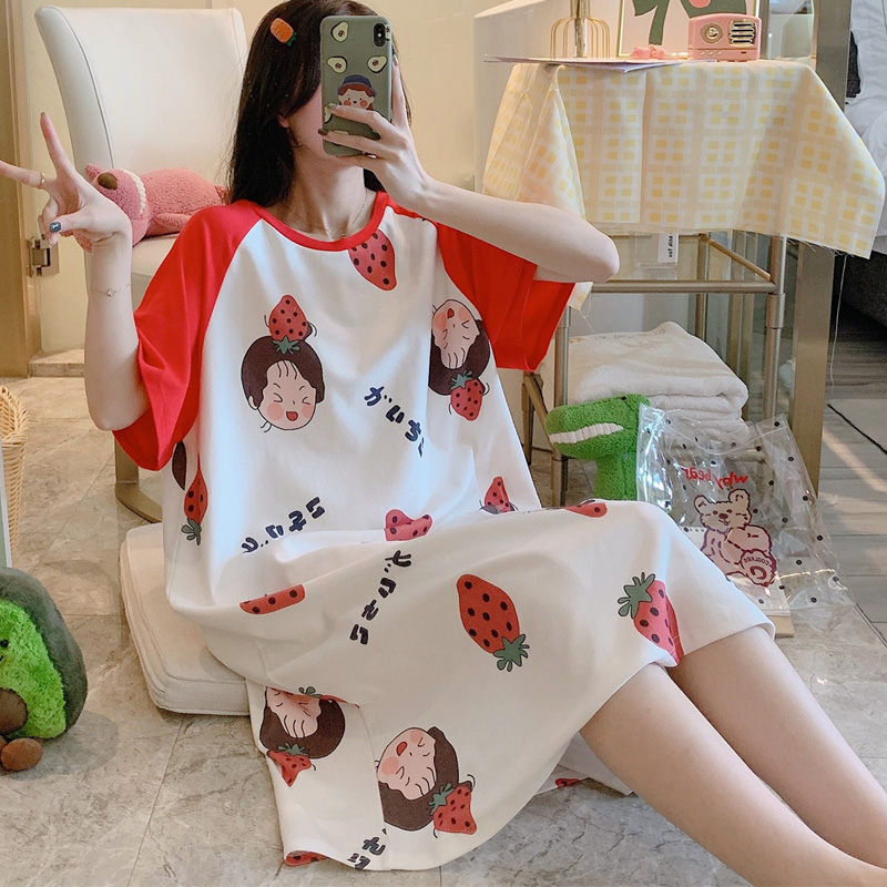 Summer Sleeping Dress Woman Summer Pure Cotton Cute Day Ensemble Sweet Strawberry Big Code Fat Mm Loose Skirt Pregnant Woman Sleepwear Summer-Taobao
