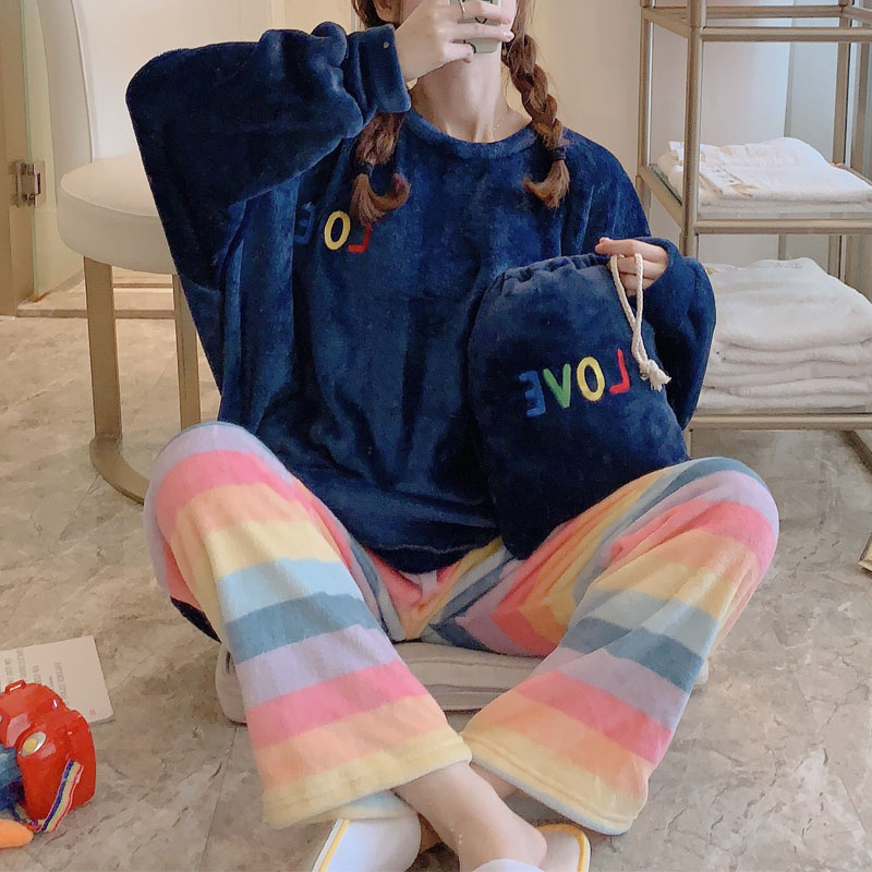 Sleepwear woman autumn and winter coral suede Korean version sweet and cute large size relaxation ins winter thickened flannel two sets