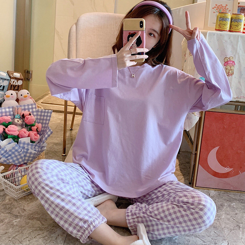 Purple Pyjamas Woman Spring Autumn Pure Cotton Long Sleeves Ins Wind Cute Plaid Autumn Winter Long Sleeve Full Cotton Home Clothing Exo-Taobao