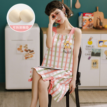 With Chest Cushion Sleeping Skirt Woman Summer Sexy Harnesses Sweet and Cute Plaid Sleeveless Vest Pure Cotton Pyjamas Skirt Summer