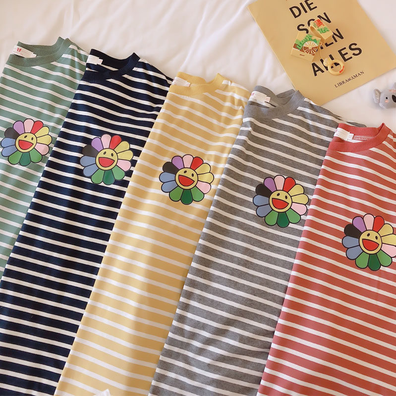 Long Sleeve Sleeping Dress Woman Spring Autumn Long Version Large Size Loose Sweet And Cute Sunflower Striped Pure Cotton Pyjamas Autumn Winter Skirt