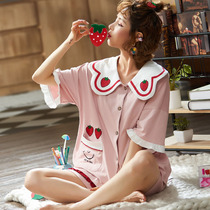 Pajamas Woman Summer Pure Cotton Cute Strawberry Short Sleeve Doll Collar Princess Wind Big Code Cardiovert Cardiovert Suit External Wear
