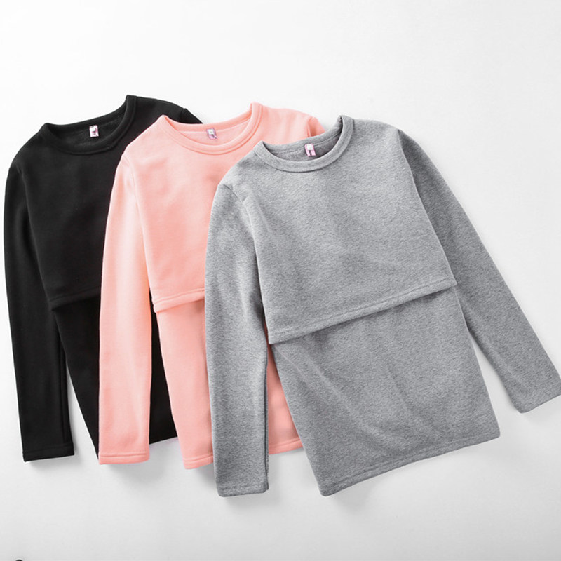 Nursing autumn clothes postpartum nursing plus velvet fever clothes Autumn and winter maternity single piece home clothes top maternity pajamas