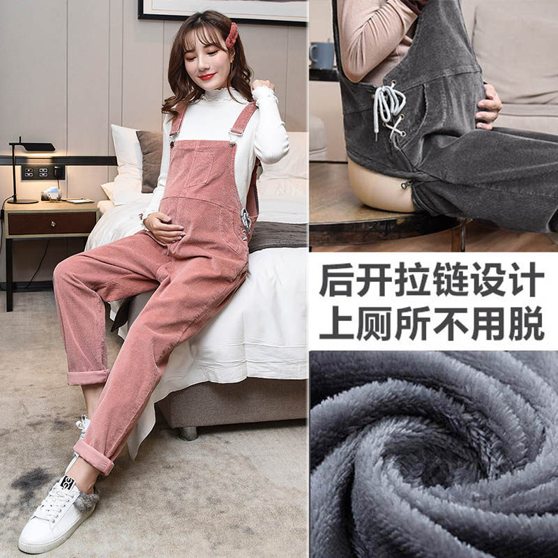 Pregnant women's bib pants winter wear fashion loose corduroy one-piece pants Autumn and winter plus velvet thick pants suit
