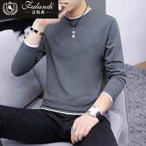 Long-sleeved t-shirt mens 2021 spring new fake two-piece trend Korean version of spring and autumn cotton base shirt mens sweater