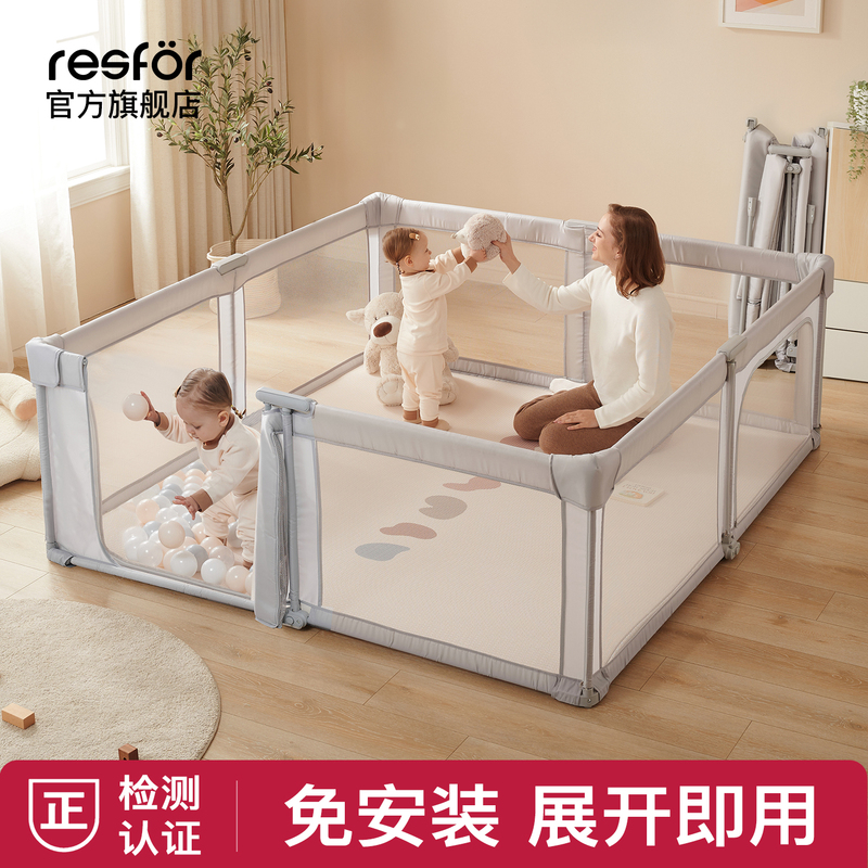 Resfor No-Installation Folding Baby Playpen with Door, Infant Floor Climbing Mat, Protective Fence for Indoor Home Use