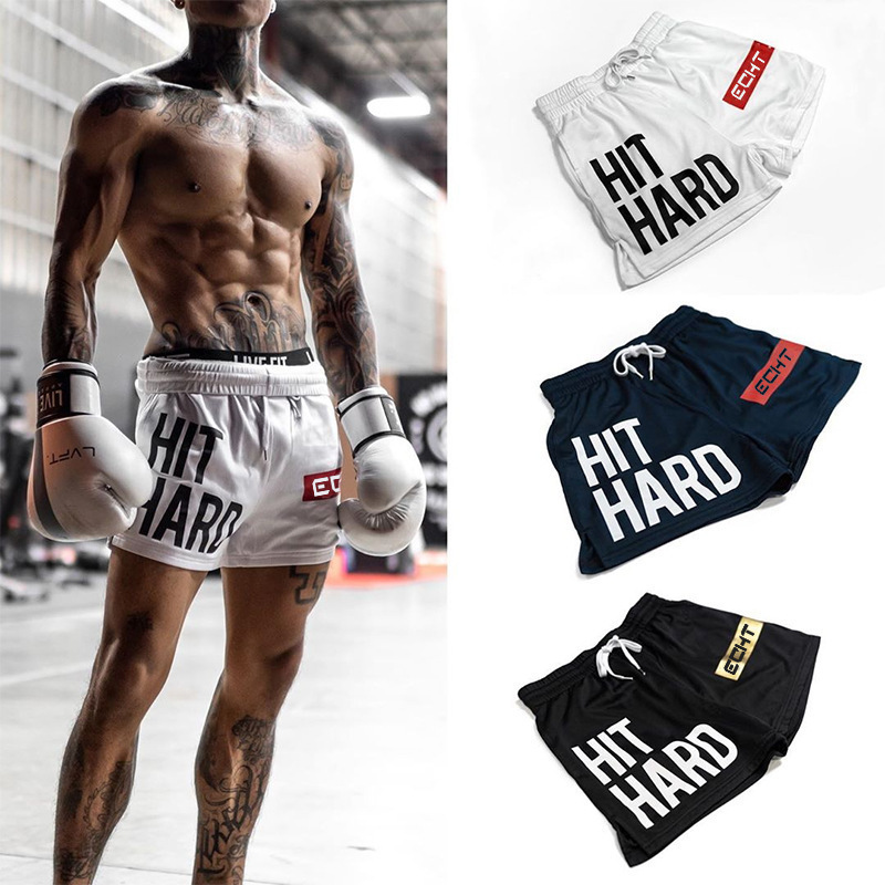 Fitness Sports Muay Thai Shorts for Men, Trendy Letter Print Boxing Mesh Quick-Dry Shorts for Running, Exercise, and Summer Activities