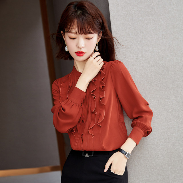 2022 new early spring fashion chiffon shirt women's long-sleeved stand-up collar shirt women's red age-reducing Western-style shirt