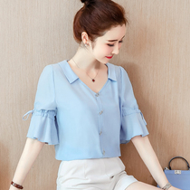 2020 Summer new V-neck lace-up temperament shirt flared sleeves Korean version of chiffon shirt Joker short sleeve slim womens