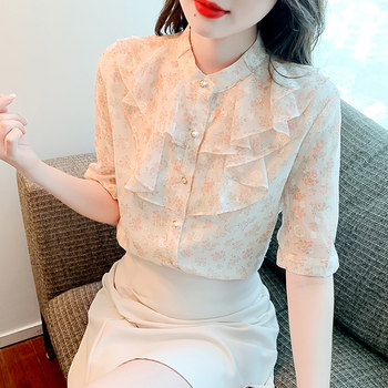 2022 new summer fashion floral short-sleeved chiffon shirts women's high-end fashionable chic tops Western-style shirts