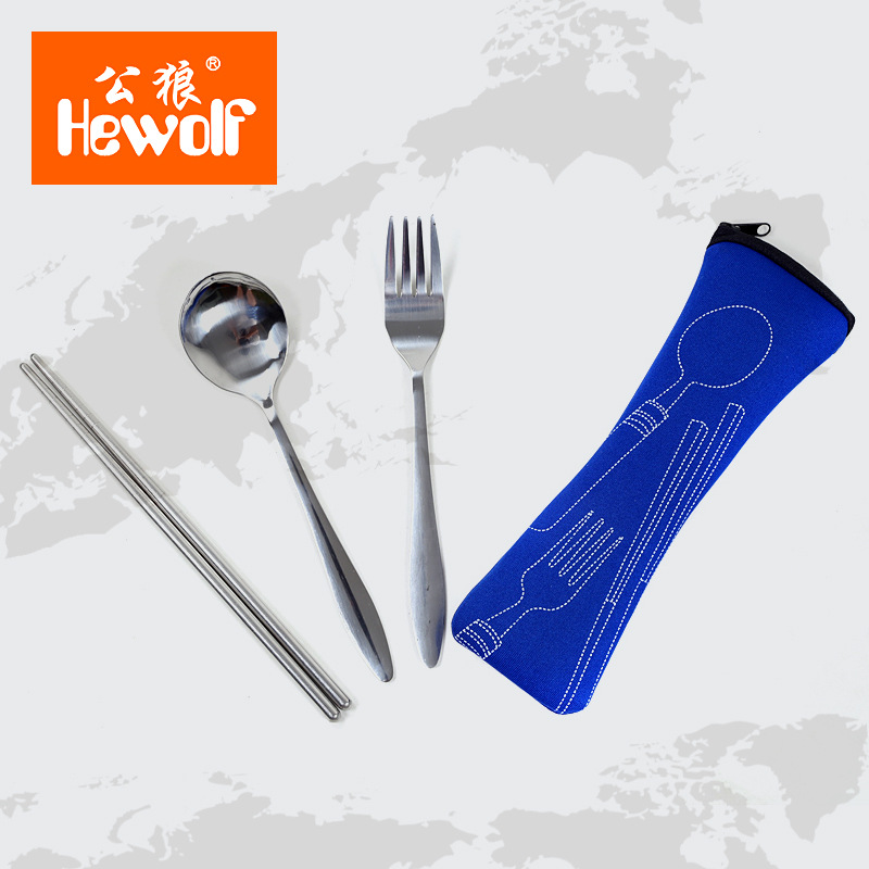 Male Wolf Travel With Cutlery Three Sets Stainless Steel Spoon Chopsticks Fork Sleeve Portable Canvas Bag Student Suit