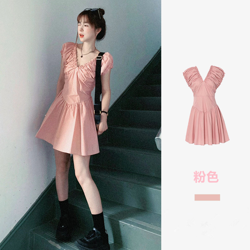 French-Style Gentle and Chic Tea Break Dress for Women, New Summer Model, Waist-Cinching, Slimming, Pleated V-Neck, Elegant Pink Dress French-Style Gentle and Chic Tea Break Dress for Women, New Summer Model, Waist-Cinching, Slimming, Pleated V-Neck, Elegant Pink Dress