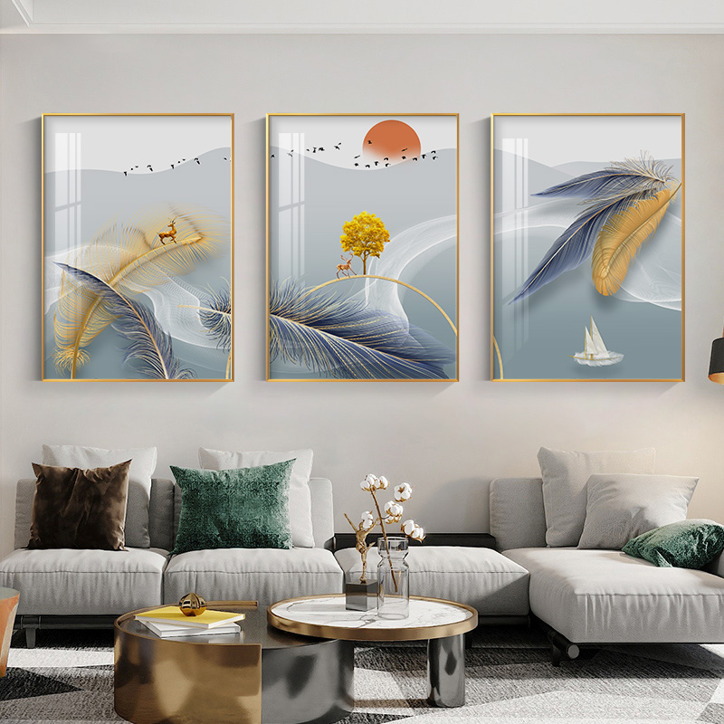 Modern minimalist living-room decoration Sofa Background Wall Hanging Painting Feather Triptych Atmospheric Light Extravaganza Painting Fresco