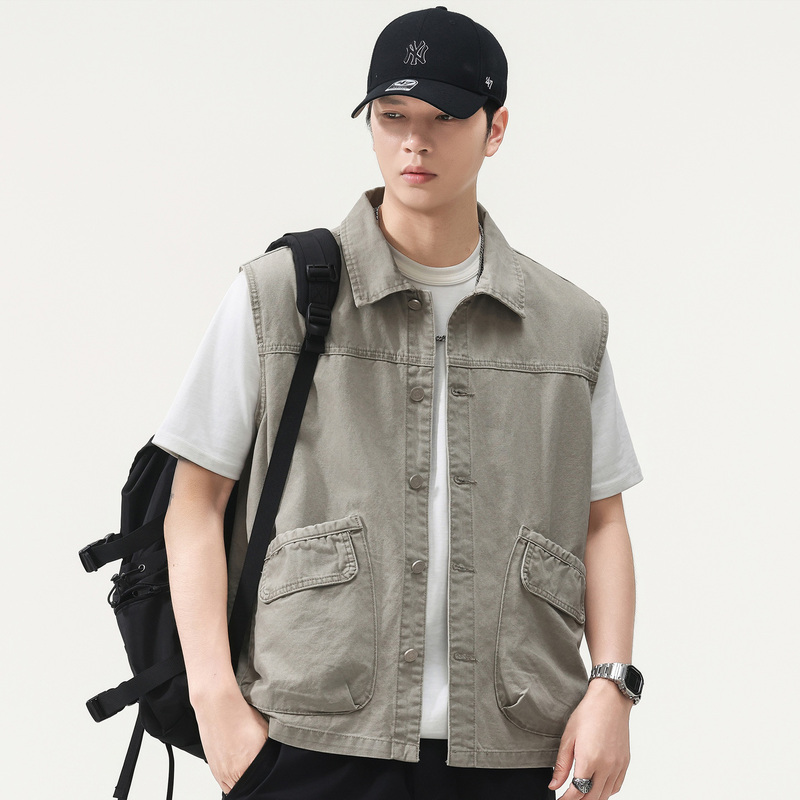 Spring and Autumn New Style Pure Cotton Casual Vest for Men with Large Pockets, Loose High-End Workwear Sleeveless Jacket Trendy