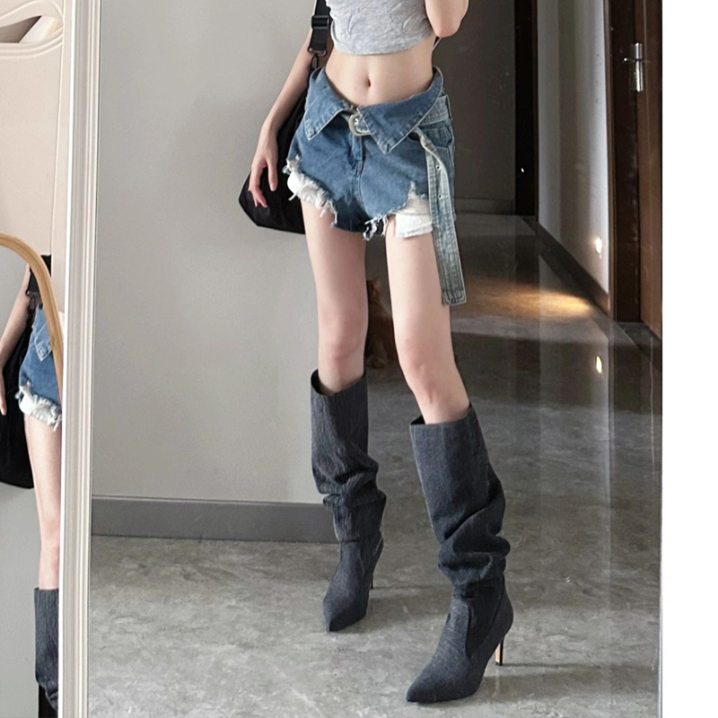 American Wasteland Style Shoes for Women, Retro Hottie Pleated Cowboy Boots, Stiletto Pointed Toe Pile Boots, Wide Boots for Women American Wasteland Style Shoes for Women, Retro Hottie Pleated Cowboy Boots, Stiletto Pointed Toe Pile Boots, Wide Boots for Women