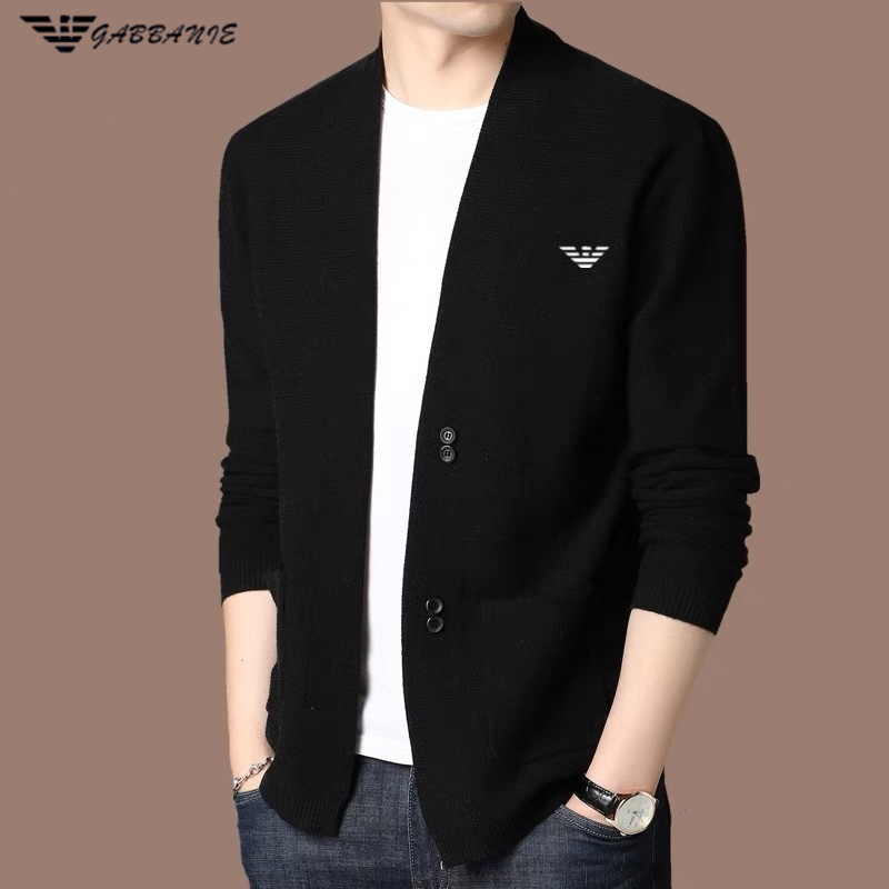Spring New Gabbanie Men's Long-Sleeved Pure Wool Knitted Cardigan Sweater for Young and Middle-Aged Men's Casual Outerwear