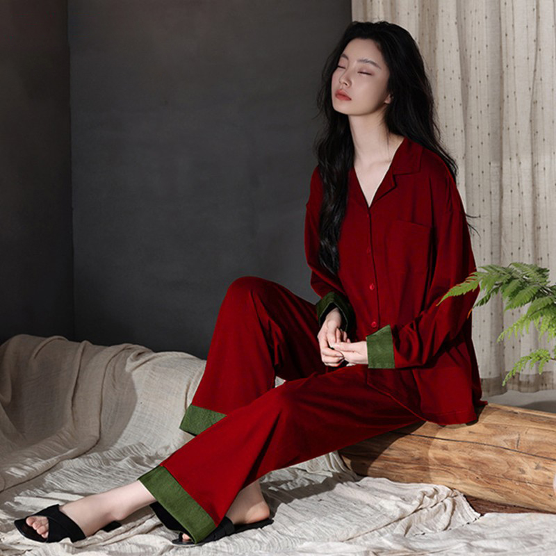 Victoria Red Pure Cotton Color-Blocked Pajamas for Women, Long-Sleeved, with a Turn-Down Collar, Can Be Worn Outside, Stylish Loungewear Set with a High-End Feel