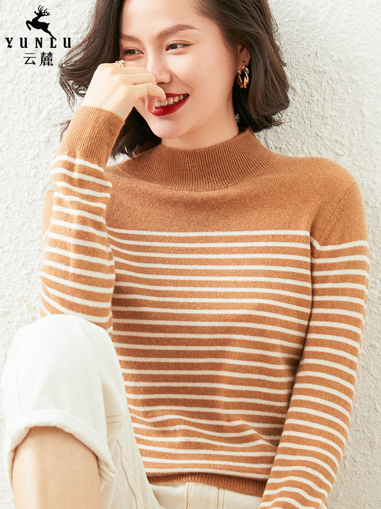 Semi-turtleneck cashmere sweater women's 2020 autumn and winter new color stripe pullover long sleeve loose knitted base sweater sweater