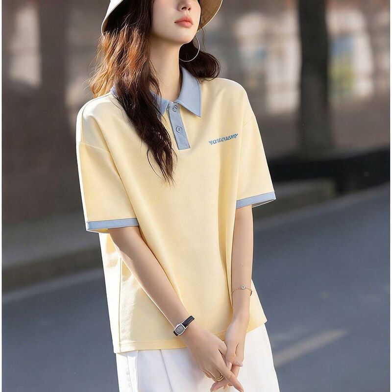 Outlet Clearance Foreign Trade Label-Cut Surplus Stock Fresh College Style Women's Minimalist Color-Blocking Comfortable Women's T-Shirt Shirt