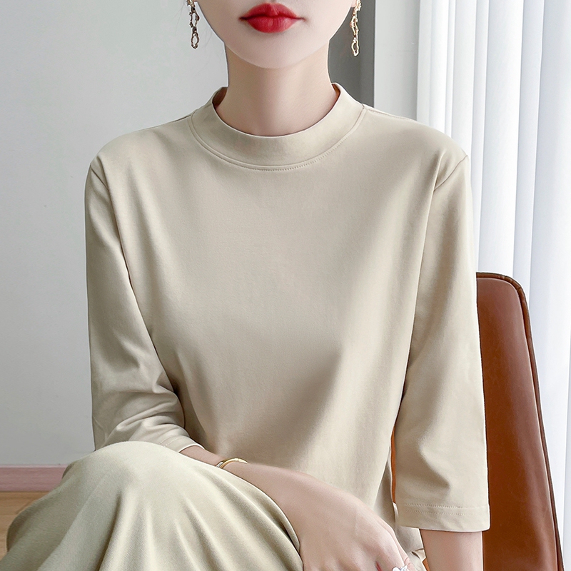High-End Cotton Half-High Collar Three-Quarter Sleeve T-Shirt for Women 2025 Spring and Summer Large Size Pure Cotton Top for Layering