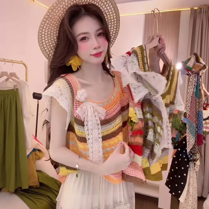 2026 Summer New Women's Korean-Style Dopamine Lace Stylish Knit Top Loose Slimming Versatile Age-Reducing Shirt 2026 Summer New Women's Korean-Style Dopamine Lace Stylish Knit Top Loose Slimming Versatile Age-Reducing Shirt