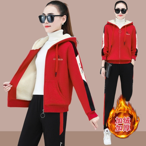 Демисезонный утепленный спортивный костюм, штаны, бархатная толстовка с молнией, комплект, увеличенная толщина, коллекция 2023