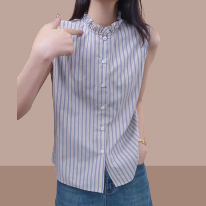 French-Style Lace Collar Sleeveless Layered Tencel Shirt for Women, Early Autumn Fashion Striped Vest, Elegant Loose Versatile Vest