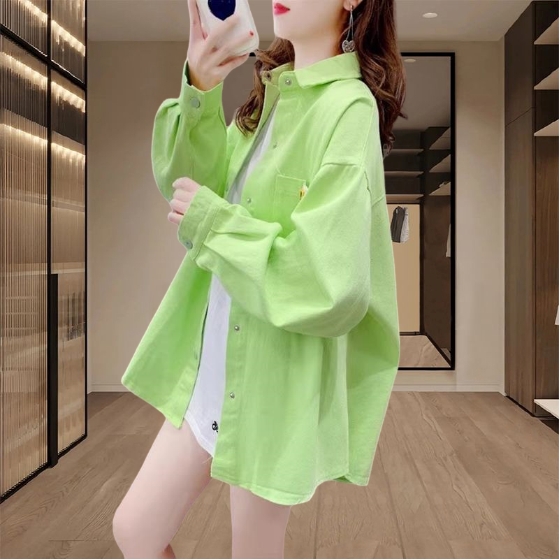 Korean Chic Unique Tops, Fresh Denim Long-Sleeve Shirts, Women's Loose Stylish Candy-Colored Shirts and Jackets