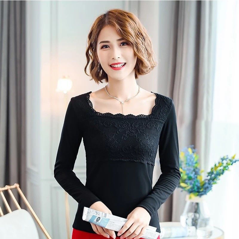 Autumn Solid Color Modal Long-Sleeve T-Shirt for Women, Stretchy Slim-Fit Base Shirt, Versatile Lace-Trimmed Top