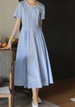 2023 Summer Blue Soft Wind Simply Japanese cotton stripes coloured lace - coloured short - sleeved dress female long French