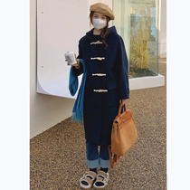 Monicas Summer Winter Department College Tibetan Blue Horn Button Coat Womens Mid-Length Hooded Wool Coat