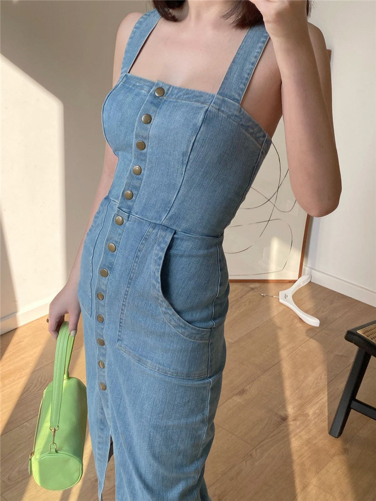 Whirlpool Acacia 23 Spring Summer New Products Han Edition Sexy Single Row Buckle Braces Denim Skirt Harnesses One-piece Dress Girl Bag Hip Skirt Han-Taobao