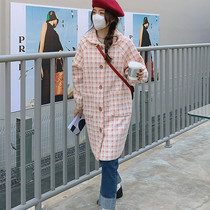 Monicas summer and winter pink plaid coat womens mid-length student Korean woolen coat coat small