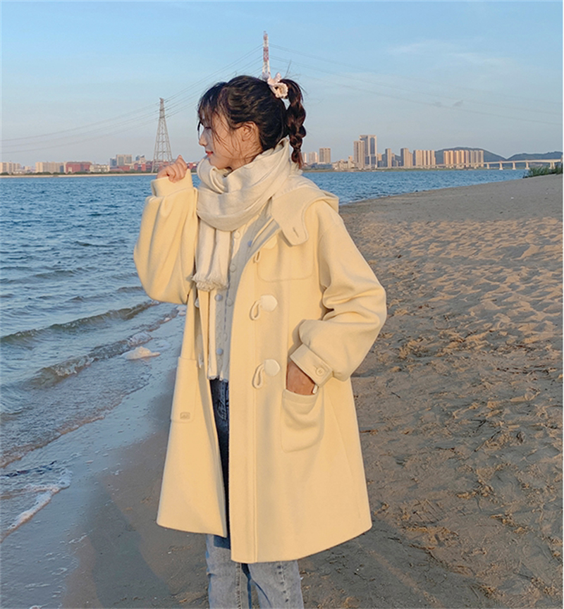 2022 autumn and winter Japanese students cute milk yellow horn buckle mid-length hooded woolen coat women's coat French style