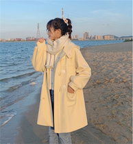 2022 autumn and winter Japanese students cute milk yellow horn buckle mid-length hooded woolen coat womens coat French style