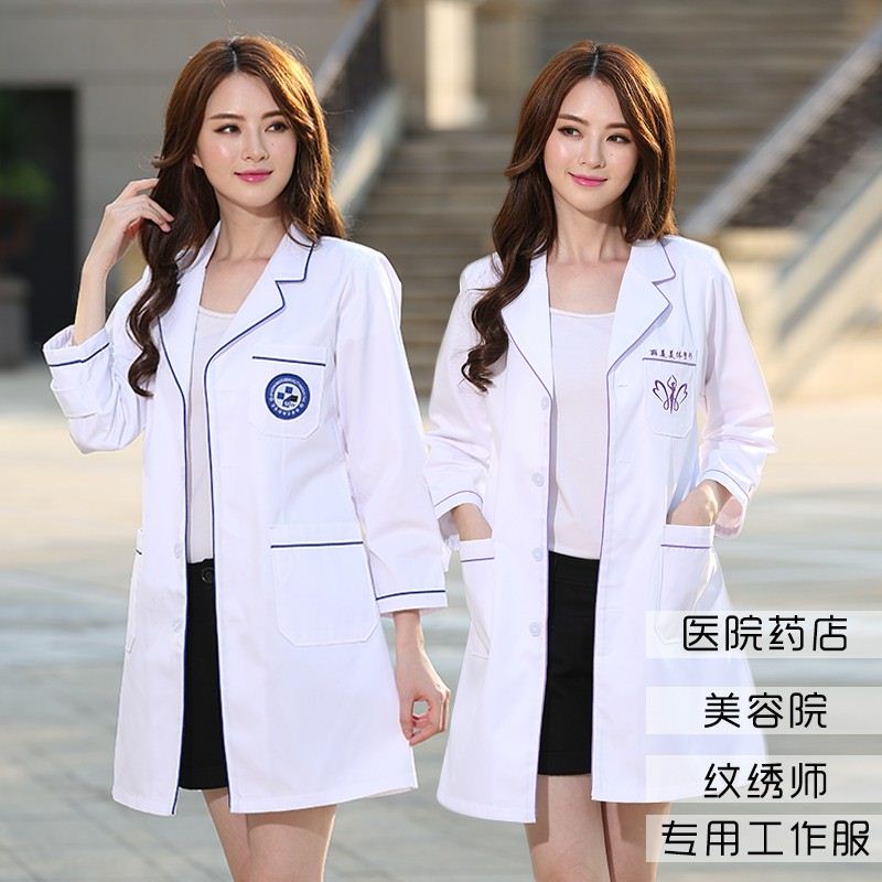 Lab clothes work clothes beautician Chinese medicine thin white coat dental autumn and winter decoration body long wrinkle resistant summer dress white