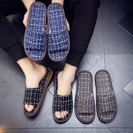 麻布布艺男女情侣居家用夏季凉拖鞋条纹家居四季地板防滑托鞋静音