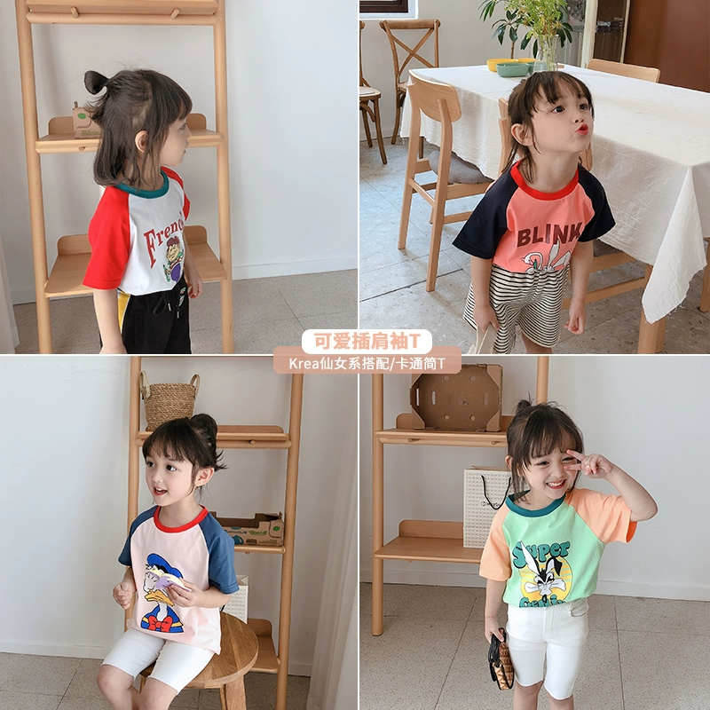 Trẻ em áo thun cotton rộng rãi và đa năng bé gái hoạt hình mùa hè áo ngắn tay bé thời trang mặc bên ngoài áo sơ mi đáy - Áo thun