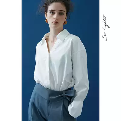 SoLighter loose cotton V-neck slim white shirt women's casual long sleeve top