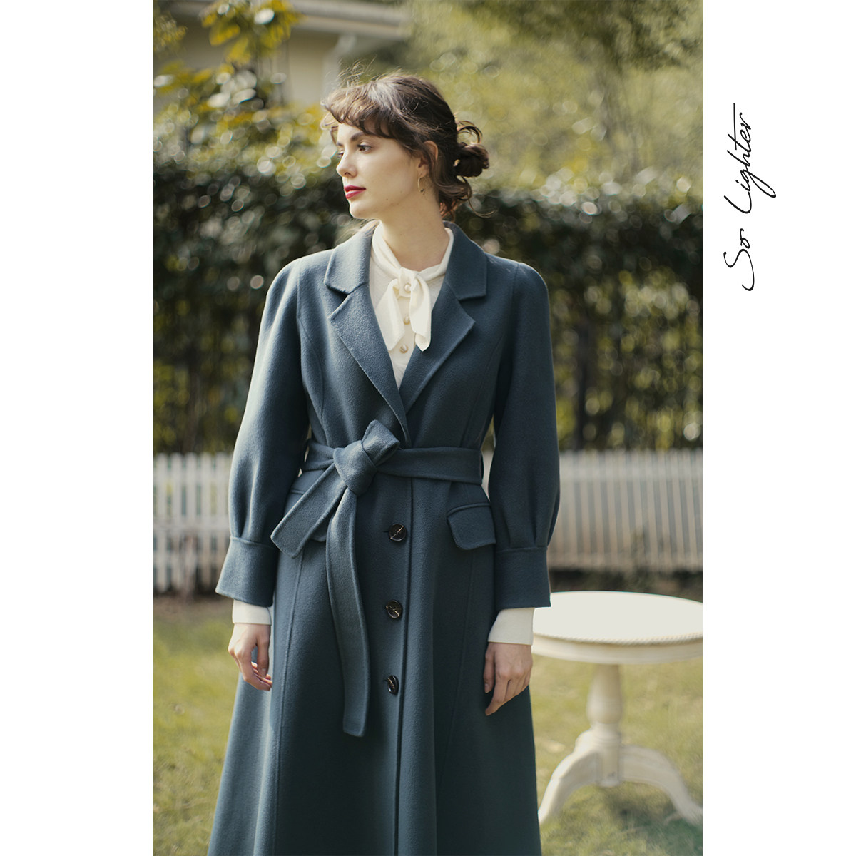 solighter Hepburn style cashmere coat women's haze blue winter mid-length high-end double-sided woolen coat