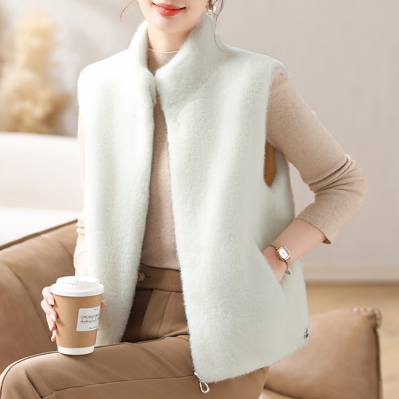 Autumn and Winter Stand-Up Collar Faux Mink Velvet Vest for Women, Zippered Outerwear, Sleeveless Knitted Vest, Warm Waistcoat for Mothers