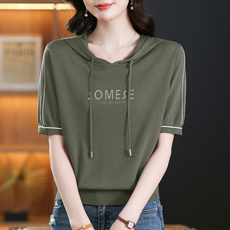 Silk Short-Sleeve Hooded T-Shirt for Women, Versatile Knit Top, Half-Sleeve Hooded Sweatshirt, Summer Thin Tencel Hoodie