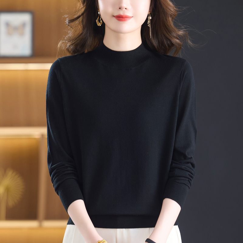 Merino Fine-Spun Ultra-Fine Mercerized Wool Sweater for Women, Thin Half-Turtleneck Knit Base Layer for Spring and Autumn in the Workplace
