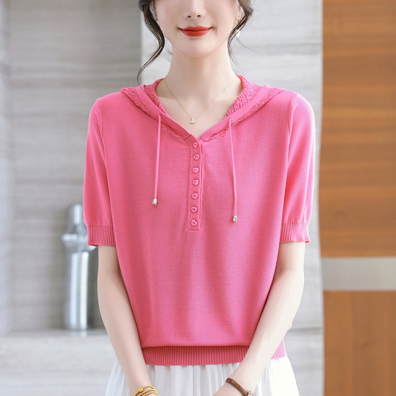 Lyocell Tencel Short-Sleeved Hooded T-Shirt for Women, Thin Rose Red Knitted Sweater, Half-Sleeved Hooded Sweatshirt, Summer Hoodie