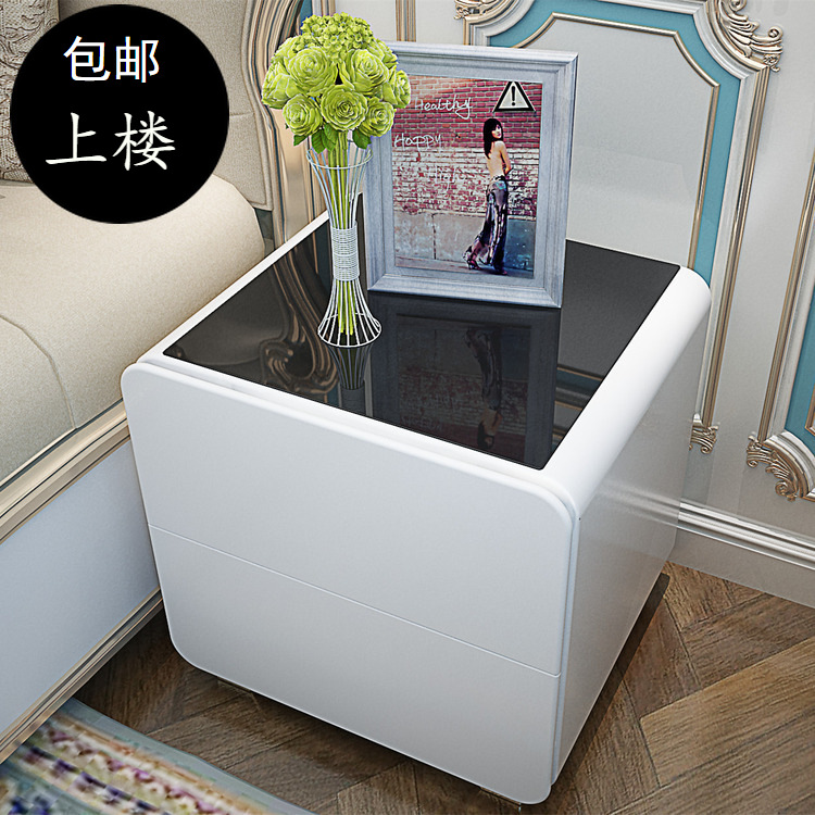 Upscale bed head cabinet minimalist modern baking lacquered glass noodle cabinet Three-bucket bedside cabinet storage white black containing cabinet