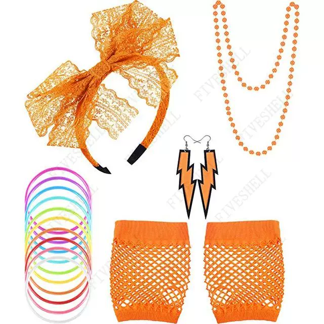 [80s Лейсы/40? Lace Headband Neon Earrings Fishnet Gloves Necklace Sili]