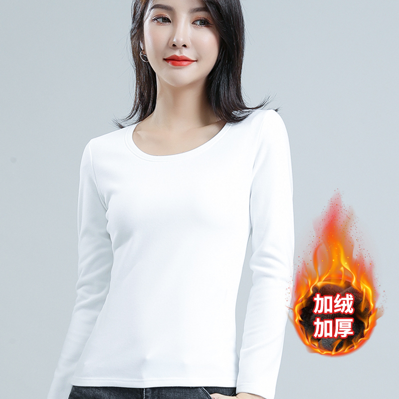 White Fleece-Lined Thick Thermal Base Layer Women's Long-Sleeve Top for Autumn and Winter, Versatile and Stylish, Slim Fit, Warm Inner Wear