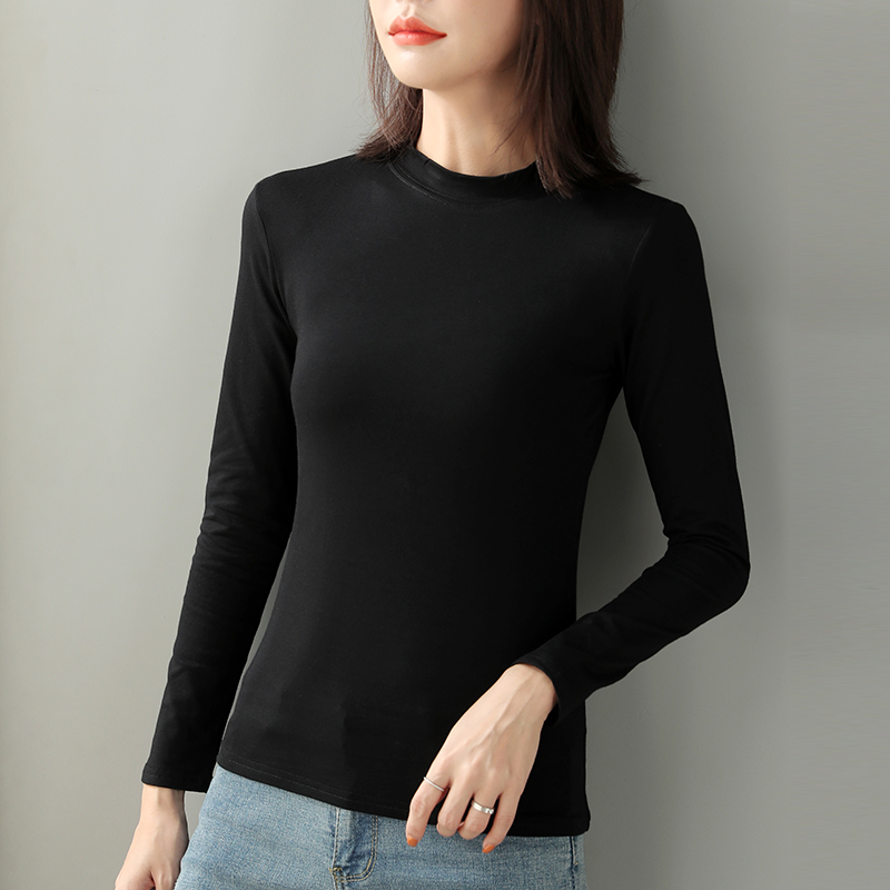 Pure black semi - tall collar blouse 2023 autumn and winter topper lady little tall cotton to practice autumn clothes