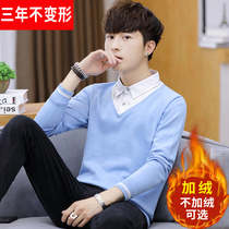 Fake two sweater men shirt collar knitwear autumn and winter plus velvet warm coat spring and autumn shirt leading base shirt